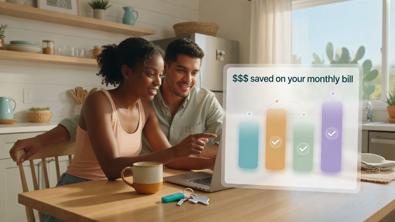 A couple at their kitchen table comparing electricity plans on a laptop, with a chart showing dollars saved on their monthly bill
